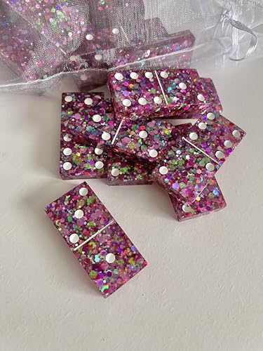 Pink glittery Dominoes game set of 28 Handmade Resin Dominoes collectible indoor games gift for her