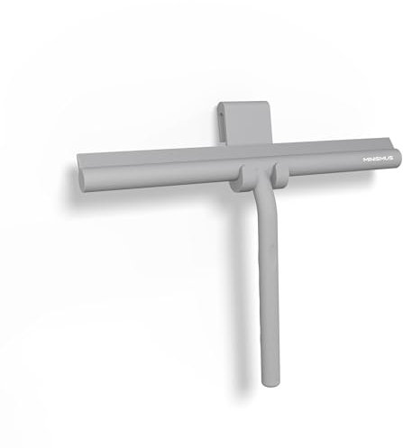 Minismus Raclette Douche en Silicone pour Portes en Verre & Vitres – Raclette pour Nettoyage de Vitre pour des Surfaces Impeccables – Aucun Perçage Requis, Support Inclus (Gris, 28 cm)