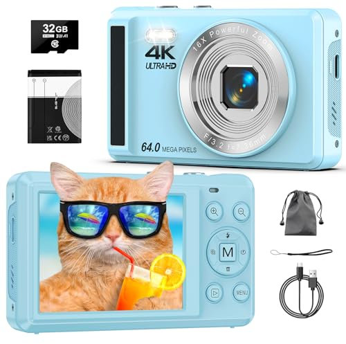 4K 64MP Digitalkamera mit 32 GB TF-Karte, Autofokus Fotoapparat mit 16X Digitalzoom Tragbar Kompaktkamera mit 1200mAh Batterie, USB-Kabel, für Kinder Teenager Erwachsene Anfänger