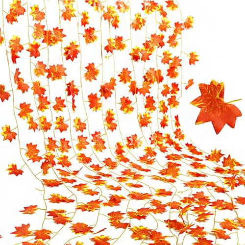 FOSDICK 12 Pcs Ghirlanda Autunnale di Foglie d'Acero, 210cm Rosso Foglie Finte Ghirlande Autunnali, aoglie autunnali Finte per Decorazioni Interno Esterno Decorazioni Halloween Casa Balcone Portico