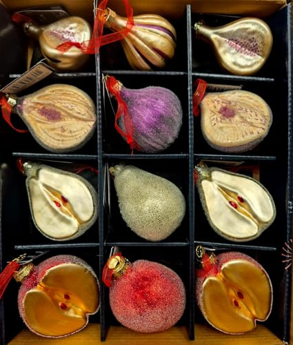 Glass Fruit Christmas Baubles Set of 12 – Apple, Fig, Pear – 8cm Tree Decorations – Handcrafted Glass Ornaments