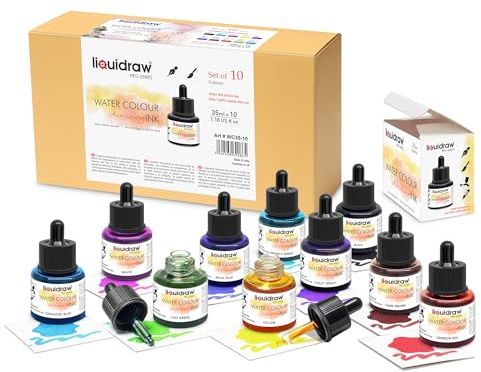 Liquidraw Watercolour Drawing Ink - 10 Assorted Colours | 35 ml Bottles with Ink Dropper | Water Colour Inks for Drawing & Design | Suitable for Professionals, Artists, Students & Hobbyists | Art Gift