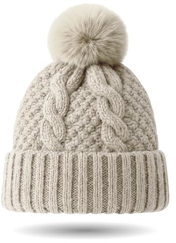 MUNSKT Bobble Hat Satin Lined Beanie for Women Girls Satin Winter Knitted Hat for Ladies Silk Lined Beanie Warm Bobble Hat Warm Winter Knit Hats with Faux Fur Pompom