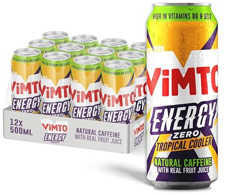 Vimto Tropical Twist Energy Drink 500ml Cans (12 Pack) – No Added Sugar, Real Fruit Juice, Natural Caffeine & B Vitamins – Fruity Prime Energy Boost, Sparkling Drink