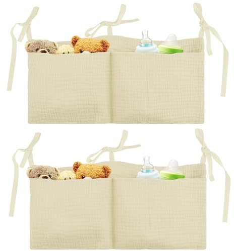 2 organizer per lettino da bambino, colore bianco latte, borsa da letto in cotone, per lettino e fasciatoio, grande organizer da appendere per pannolini e giocattoli, accessori per la cameretta dei