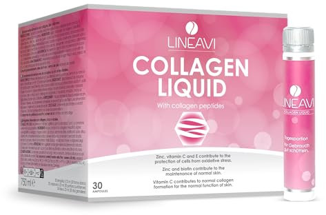 LINEAVI Kollagen Liquid, Trink-Kollagen, mit Kollagen-Peptiden, Acerola, Zink, Vitamin C, Vitamin E, Biotin, unterstützt Haut, Haare und Nägel, in Deutschland hergestellt, 30 Trinkampullen
