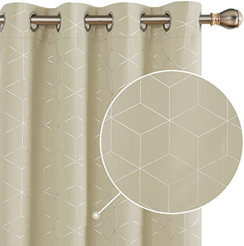 Deconovo Blackout Curtains, Ring Top Curtains, Diamond Foil Printed Thermal Insulated Curtains for Living Room, 46 x 72 Inch(Width x Length), Beige, One Pair