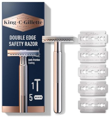King C. Gillette Safety Razor with Chrome Plated Handle and 5 Platinum Coated Double Edge Safety Razor Blade Refills