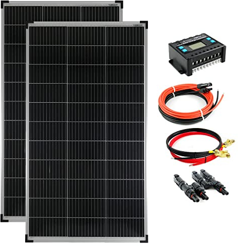 SOLARTRONICS Solar Set 2x 140W monokristalline Solarmodul + 20A Laderegler blau + Solarkabel + Batteriekabel + Solarstecker Photovoltaik Inselanlage