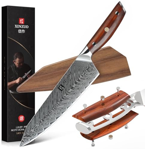 XINZUO Acciaio Damasco Coltello da Chef, 21cm Coltello da Cucina Kiritsuke, Professionale Forgiata Gyuto Coltello per Verdure- Manico in Legno di Rosa-con Guaina Magnetica in Legno di Noce