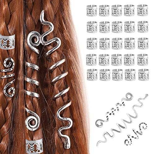 28 Stück Dreadlocks Schmuck,Verstellbar Metall Cuffs,Flechtet Haar Schmuck,Haarspiralen Clips,Dreadlocks Perlen Flechtet Haar Schmuck,Für Männer Und Frauen Geeignet(Silber)