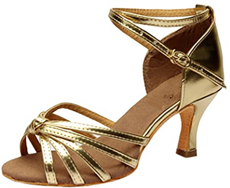 Chaussures de danse latine pour filles - Talons moyens - Satin - Chaussures de fête - Tango - Chaussures de danse pour femmes - Chaussures d'été avec talon, or, 35 EU