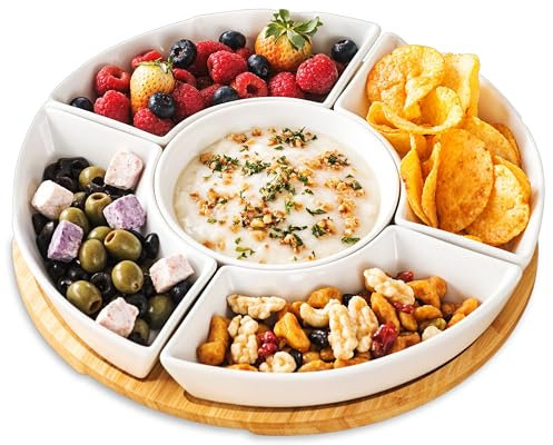 Home Harbour Rotating Serving Platter | 5-Section Divided White Ceramic Bowls on Bamboo Lazy Susan | Turntable Dip Set with Removable Dishes for Hosting, Sharing Snacks, Nacho, Taco Bar, and Parties