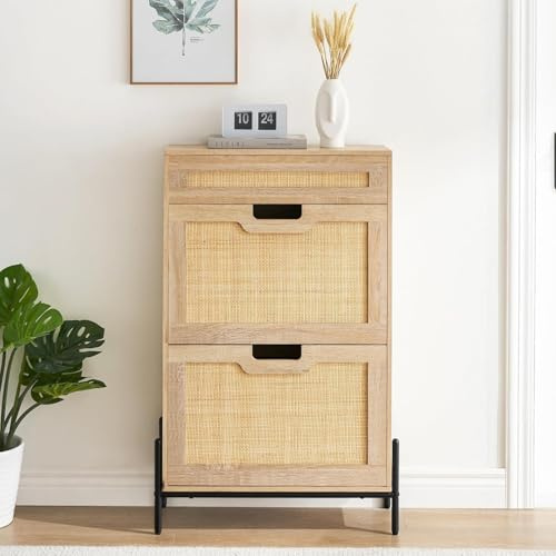 OPULENTHOME Armoire à chaussures étroite avec 2 abattants, étagère à chaussures en rotin naturel, armoire à chaussures avec 4 étagères réglables, commode à chaussures pour couloir, entrée 102 x 24 x