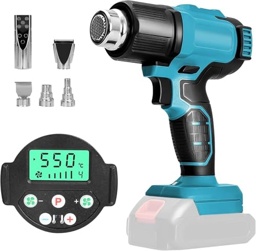 Batteridriven varmluftspistol för Makita 18 V, varmluftsfläkt LCD-display varmluftsfön med 5 munstycken, 2 temperaturinställningar, max. 550 °C för hantverk krympslangar harts dekoration (utan batteri