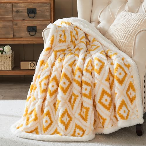 Wajade Sherpa Throw Fleece Blanket Fluffy Throw Double Fuzzy Flannel Cosy Warm Blanket for Bed Sofa Couch Car Home Yellow 153 * 203