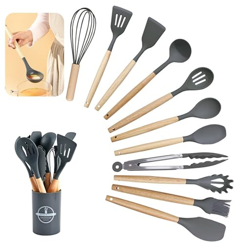 Köksredskapsset, 12 stycken non-stick värmebeständigt trähandtag, köksbestick med redskapshållare, silikonköksredskap, köksredskap, köksredskap, diskmaskinssäkert (mörkgrå)