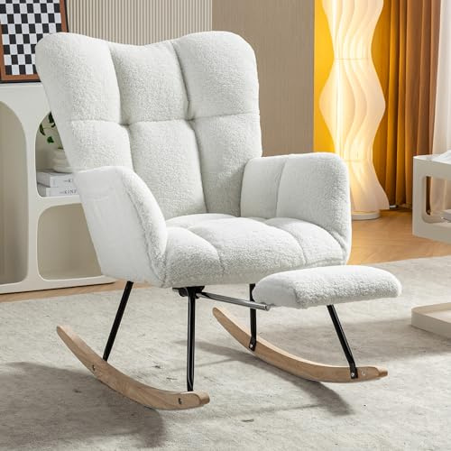 YGHQAP Fauteuil a Bascule avec Repose Pied rétractable, Chaise à Bascule en Tissu Peluche Chaise Allaitement Rocking Chair avec accoudoirs et Poches pour Chambre, Salon (Blanc, 80 * 98 * 98.5cm)