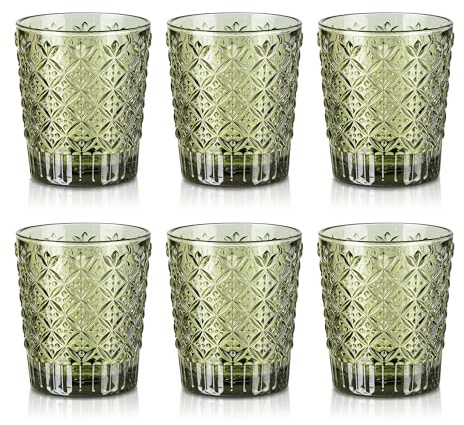 Joeyan Lot de 6 Verres à Boire Vert, 320ml Verres à Jus et Soda,Moderne Verres à Eau avec Carreaux de Sucre en Relief,Verre de Table Pour Eau Gazeuse Orangeade,Apéritif et Bière,Lavable Lave-Vaisselle