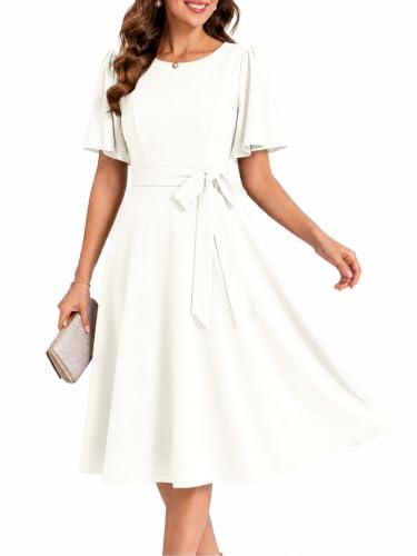 Fynadressr Women's Wedding Guest Dress A Line Short Sleeve White L