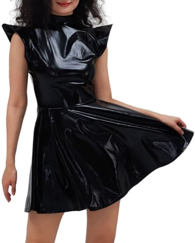 Leather Latex Dresses for Women Patent Leather Dress Skirt Patent Leather Dress Lingerie Mini Dress Wetlook Clubwear Sexy Mini Dress Zip Club Suit Tight Clothing, Q1 Bronze, XL
