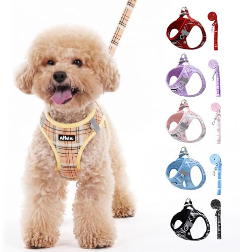 AIITLE Set de arnés y Correa Anti-tirones, arnés Chaleco Reflectante de Paso para Perros pequeños y medianos, arnés Ajustable de Cuadros para Paseos, Correr y Entrenamiento, Beige XS