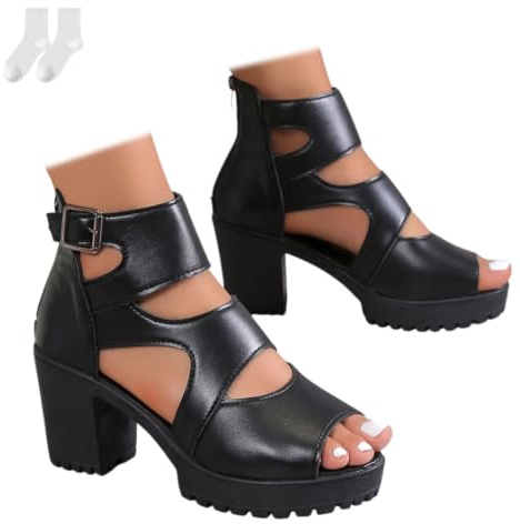 Women's Platform Sandalettes, 7.5 cm Block Heel Plus Size Roman Sandals | with Buckle Open Toe Sandals Cut-Out Summer Shoes Fashion Non-Slip Casual Shoes for Hiking Sports Beach