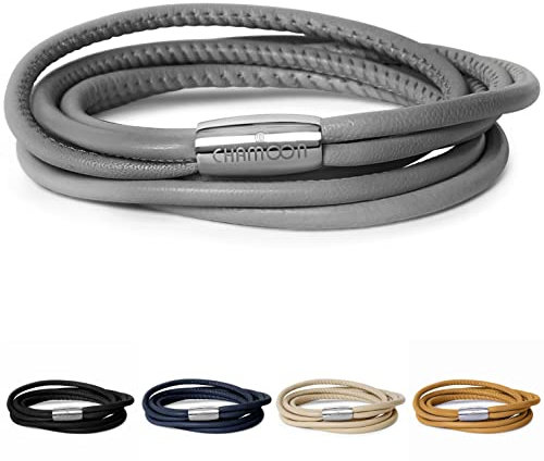 CHAMOON® Lederarmband Damen Grau - Armband Leder Wickelarmband mit Magnetverschluss für Charms Personalisiertes Armband Doppelt-Gewickelt Frauen Schmuck M 38,50 cm
