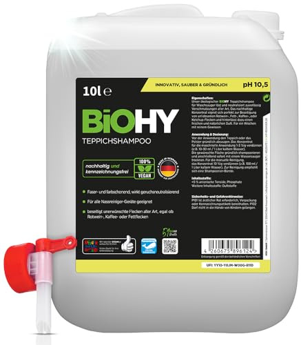 BiOHY Shampoo per tappeti (Lattina da 10 Litri) + Rubinetto di scarico | Concentrato detergente efficace | ideale per rimuovere le macchie ostinate | ben tollerato dagli animali (Teppichshampoo)