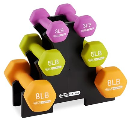 HolaHatha Neoprene Dumbbell Weights Set with Rack, Home Gym Equipment, 32 Lbs, Multicolor - Portable Weighted Exercise Dumbbells for Fitness, Training, and Lifting Workouts