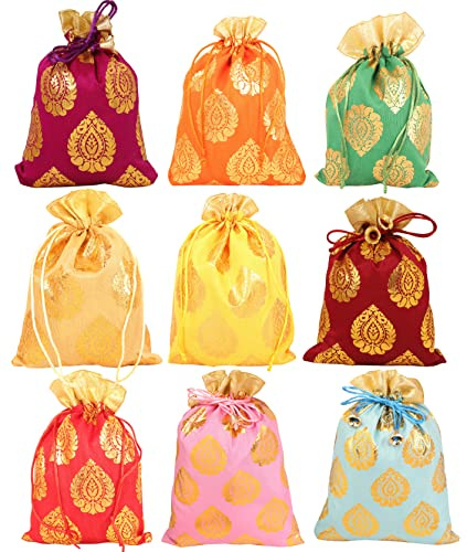 Touchstone Drawstring Bags Traditional Indian Handcrafted in Ficus Leaf Pattern Brocade fabric. Perfect for Gifts Jewelry Weddings Sweet Distribution Set of 9 Vibrant Multicolor Pouches Purses Potli