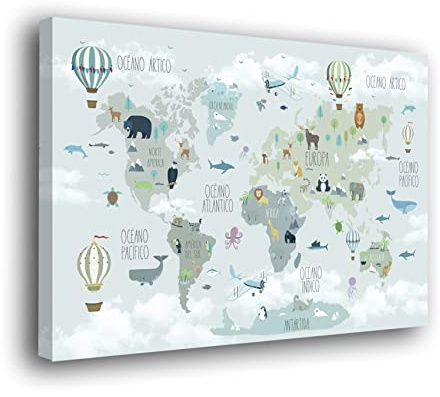 Genérico Cuadro Lienzo Canvas Infantil mapamundi en español con Animales Mapa del Mundo – Varias Medidas - Lienzo de Tela Bastidor Madera de 3 cm - Alta resolucion (50, 33)