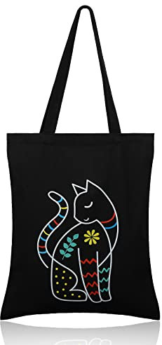 MWOOT Schwarze Handtasche Einkaufstasche für Damen,Katze Stofftaschen/Canvas Tote Bag/Einkaufsbeutel/Baumwolltasche Bedruckt/Schultertaschen/Shopper Tasche für Einkaufen Schule 35x40CM