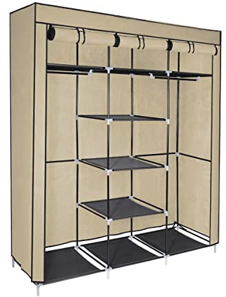 T-LOVENDO.ES Armario de Tela ropero estantería con Cremallera Plegable Modular portátil Grande 175 x 150 x 45 cm. Tubos de Acero para Perchas. Varios estantes Robusto y Estable. Beige