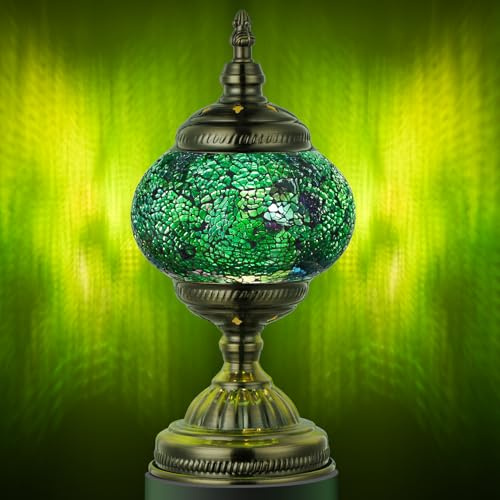 Marrakech Morrocan Mosaic Table Lamps with Vintage Style, Handmade Turkish Lamp with Bronze Base Including LED Bulb for Living Room Bedroom Decor (Shard Green)