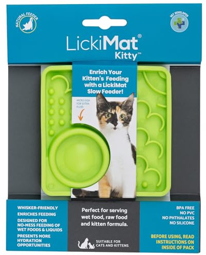 LickiMat Kitty Cat Food Mat - Cat Slow Feeder with Micro Dish for Added Hydration - Perfect for Food, Treats, Yoghurt & Anxiety Relief for Cats - Fun Alternative to a Slow Feeder Cat Bowl - Green
