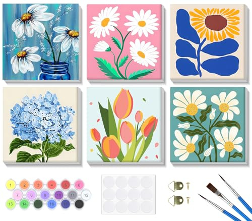SENQAO Framed Paint by Numbers for Adults Beginners Children, 6 Packs Paint by Numbers for Adults Kids Flowers On Canvas, DIY Oil Painting Acrylic Craft Art for Home Wall Decor, 8x8in