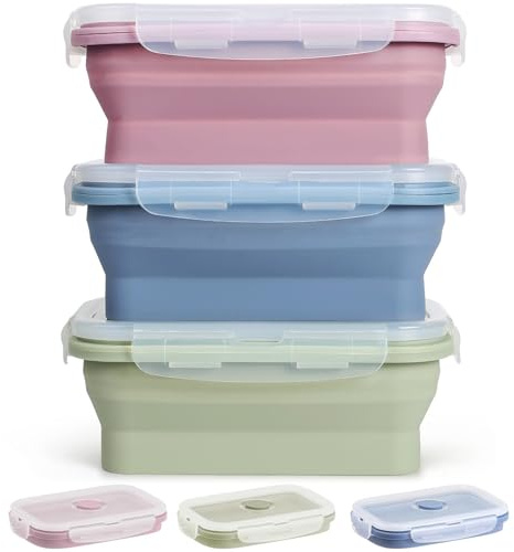 Hooolee Silicone Food Storage Container Set With Lids, 3 Pack 550ml Collapsible Lunch Box for Outdoor Picnic, Microwave, Dishwasher and Freezer Safe