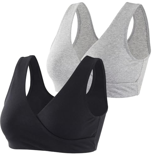HIHOSSI moderskap amnings-bh:ar – mjuk bomull sömnbh för graviditet och amning | bekväm trådfri design, Svart+grå/2-pack, XL