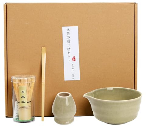 Matcha Whisk Set 4PCS, Bamboo Matcha Tea Set with Ceramic Bowl & Whisk Holder, Matcha Scoop & Chasen for Traditional Japanese Tea Ceremony or Daily Matcha Brewing
