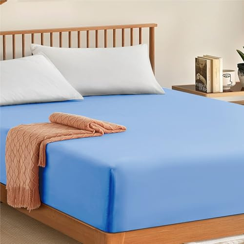 My home store Fitted Sheet 100% Egyptian Cotton 300TC Hotel Quantity 30 cm Fitted Bedsheets (Light Blue, King)