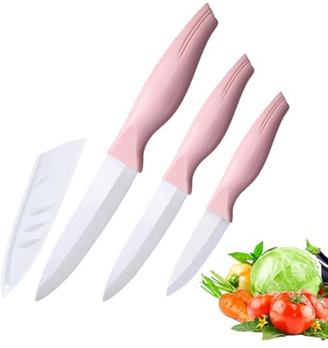 3-Piece Pink Ceramic Knife Set - 5in Veggie, 4in Fruit, 3in Peeling Knife - Beef, Chicken, Vegetable, Bread (Pink)