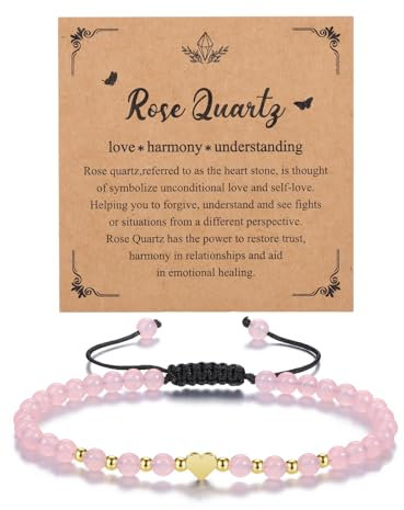 CrystalTears Rose Quartz Crystal Bracelet for Women 4mm Pink Healing Gemstone Beaded Bracelet with Gold Heart Charm Stone Bracelets Jewellery Gifts for Women Girlfriend Mum Birthday