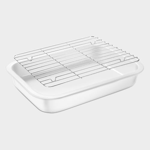 Wagensteiger Ceramic Roasting Pan, Baking Dish with Stainless Steel Rack, Non Stick Chicken Roaster Pan, Microwave or Conventional Oven Cooking, Food Prep Tools, White Color (White, 2.94 Quarts)