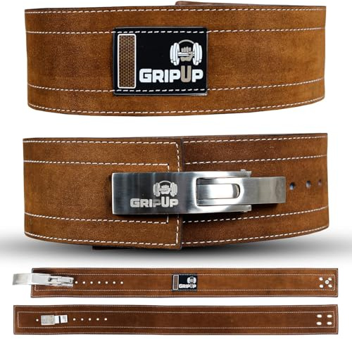 GripUp Powerlifting Belt for Weight lifting Lever Buckle Leather Gym Belt 10mm Thick 4-Inch Lumbar Back Support Men Women for Bodybuilding Deadlifts Dips Strength Training Workout - Brown/White, M
