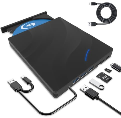 Lecteur Blu-Ray Externe 7 en 1, Lecteur CD DVD Externe pour Ordinateur, USB 3.0 et Type-C Lecteur CD DVD +/-Rw Portable , Graveur DVD/CD ROM pour Ordinateur Portable PC Mac OS MacBook Windows 11 10