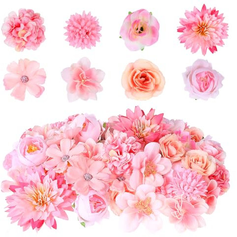 Bewudy 60 Stück Blumenköpfe zum Basteln, Klein Künstliche Blumen Rosa Kunstblumen Köpfe Seidenblumen Rosen Hortensien Blütenköpfe Dekoblumen für DIY Basteln Scrapbooking Hochzeit Party Home Deko