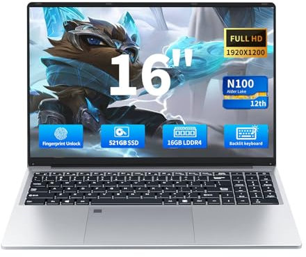 16 Pollici Portatile PC Celeron N100 CPU, Computer Portatile 16GB RAM 512GB SSD, IPS 1920 x 1200, Win11 Laptop Impronta Digitale Tastiera Retroilluminata, Webcam, Wi-Fi 5, BT5.0, MINI HDMI, USB 3.0