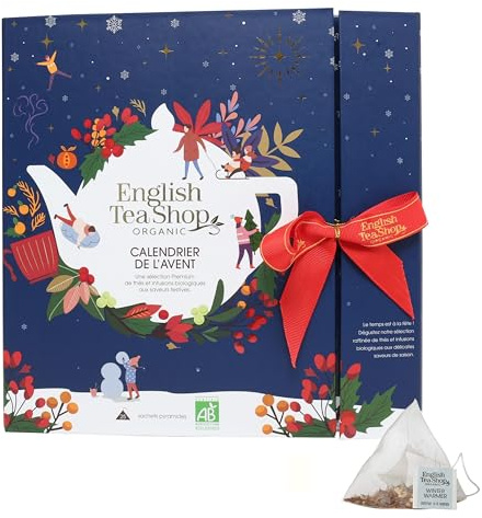 English Tea Shop - Calendrier de l'Avent thé et infusions biologiques - 25 sachets pyramides à découvrir dans chaque case - Livre bleu