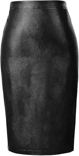 Belle Poque Jupes en cuir vintage taille haute longueur genou jupes moulantes bureau travail habillé jupe crayon, Noir , S